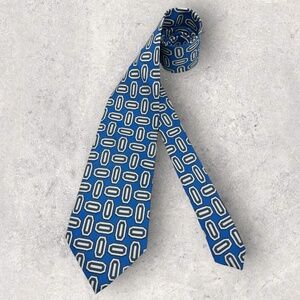 ERMANO Blue/Ivory/Navy Geometric Silk LUXURY Tie ITALY